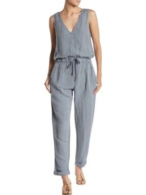 Young Fabulous & Broke Alex Jumpsuit M Blue Gray Linen Blend Drawstring V-Neck